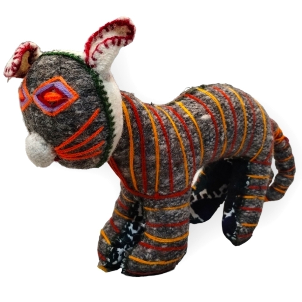 Handcrafted Felted Wool Cat Sculpture Patchwork Fiber Art Decor